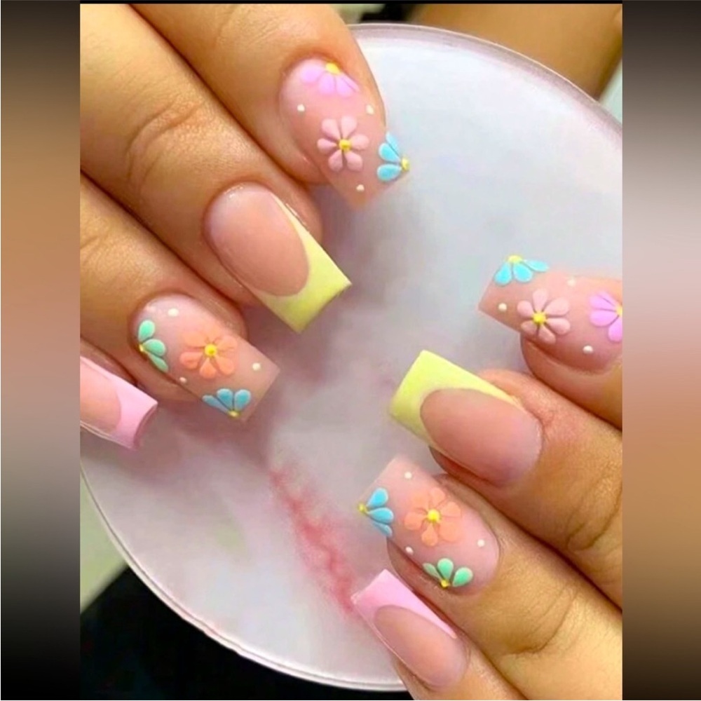 Floral French tip colorful press on nails